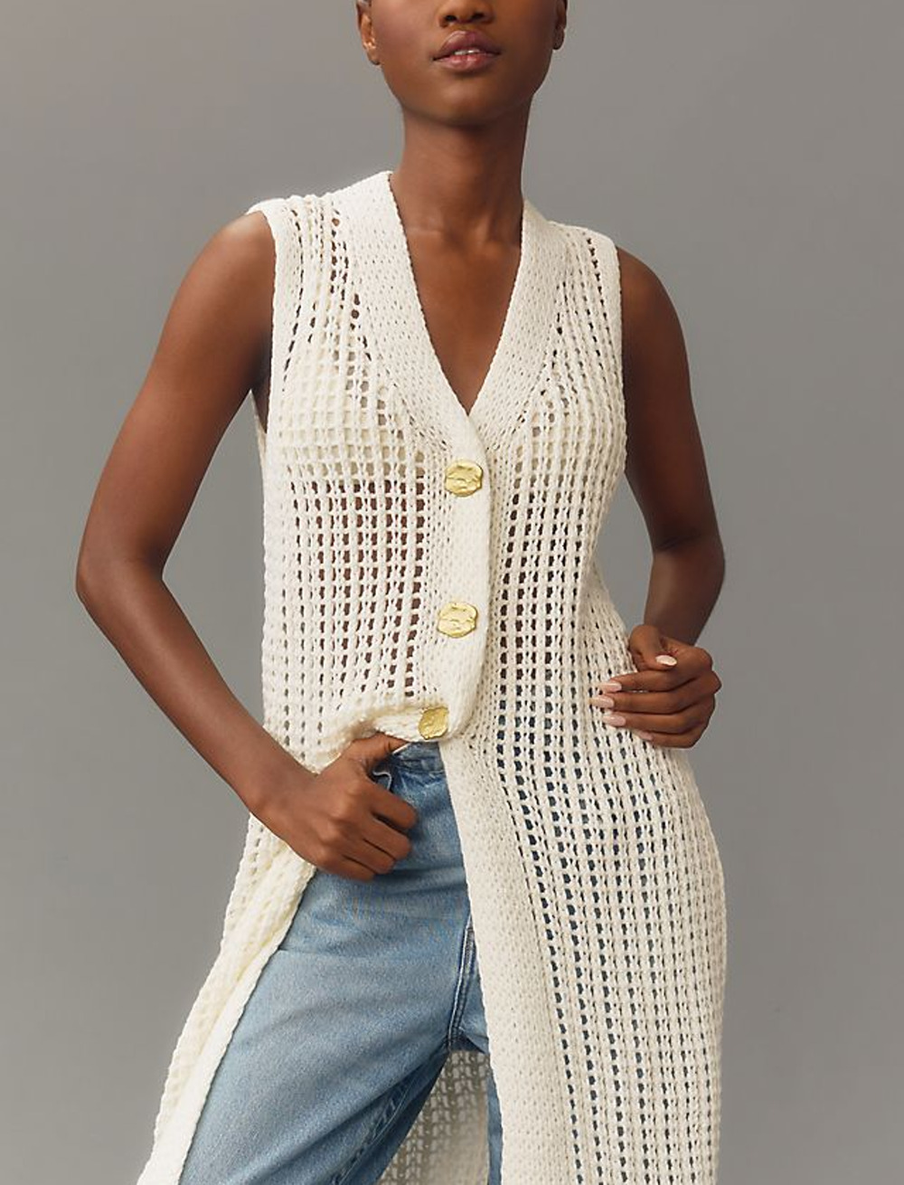 Anthropologie Open Knit Cream Duster Vest NWT